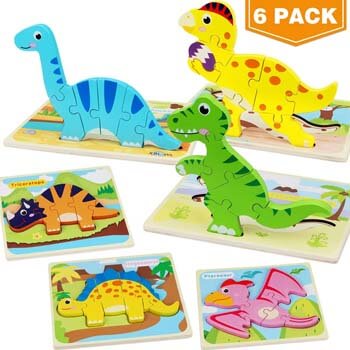 6. Aitbay Toddler Puzzles 6 Pack Dinosaur Wooden Puzzle