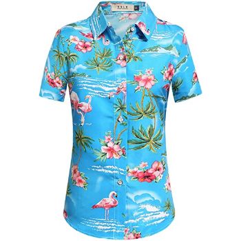 3. SSLR Women's Flamingos Floral Casual Short Sleeve Hawaiian Shirt