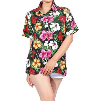 9. HAPPY BAY Women's Tropical Hawaiian Camp Aloha Shirt Regular Fit Short Sleeve