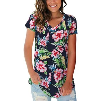 4. SAMPEEL Women's Basic V Neck Short Sleeve Floral T-Shirts Summer Casual Tops