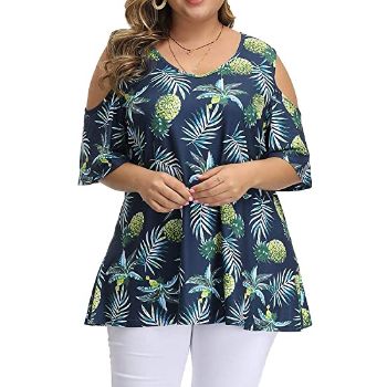 2. Allegrace Women's Plus Size Floral Printing Cold Shoulder Tunic Top Short Sleeve V Neck T-Shirts