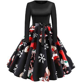 5. Women’s Dress Long Sleeve Xmas EIK Tree Printed Dress